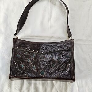Western Embroidered Leather Shoulder Bag in Brown With Green Inlay